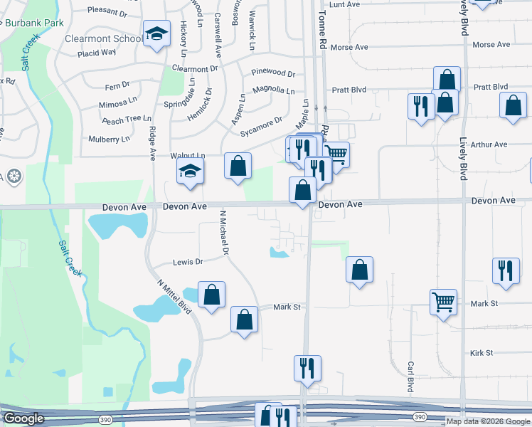map of restaurants, bars, coffee shops, grocery stores, and more near 1437 Bristol Lane in Wood Dale