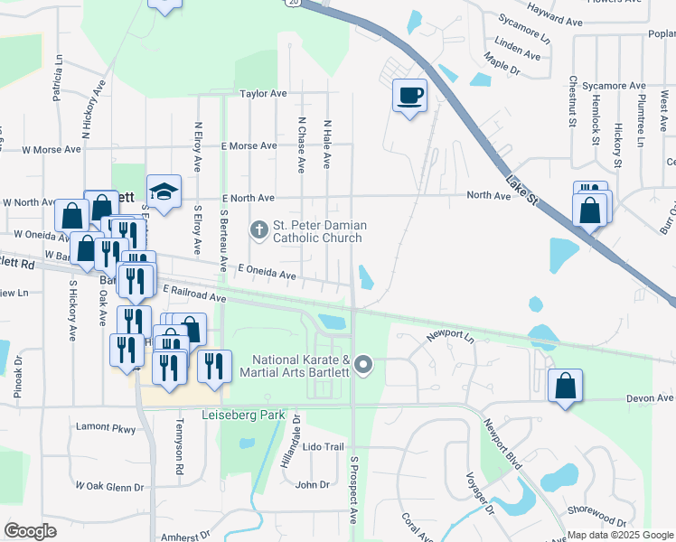map of restaurants, bars, coffee shops, grocery stores, and more near 158 South Prospect Avenue in Bartlett