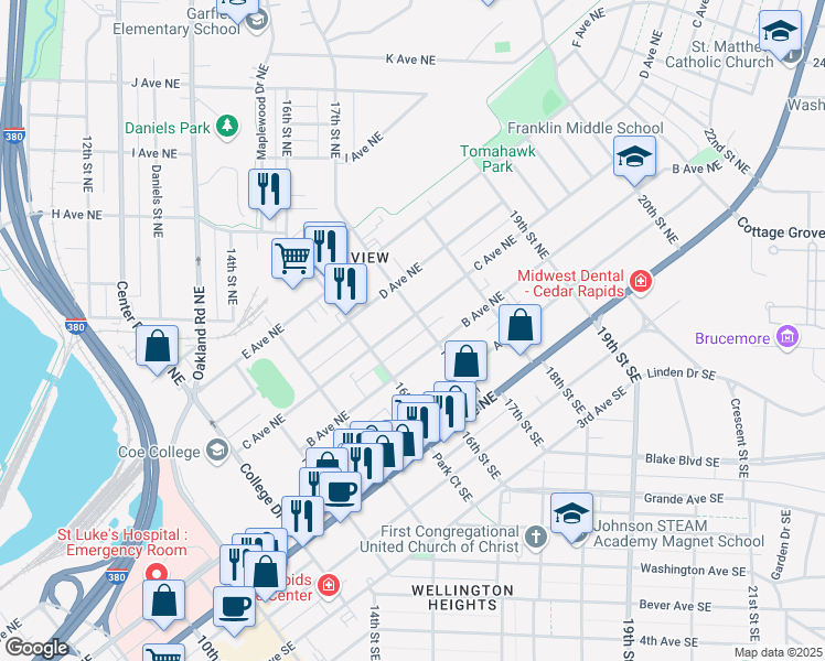 map of restaurants, bars, coffee shops, grocery stores, and more near 1639 C Avenue Northeast in Cedar Rapids