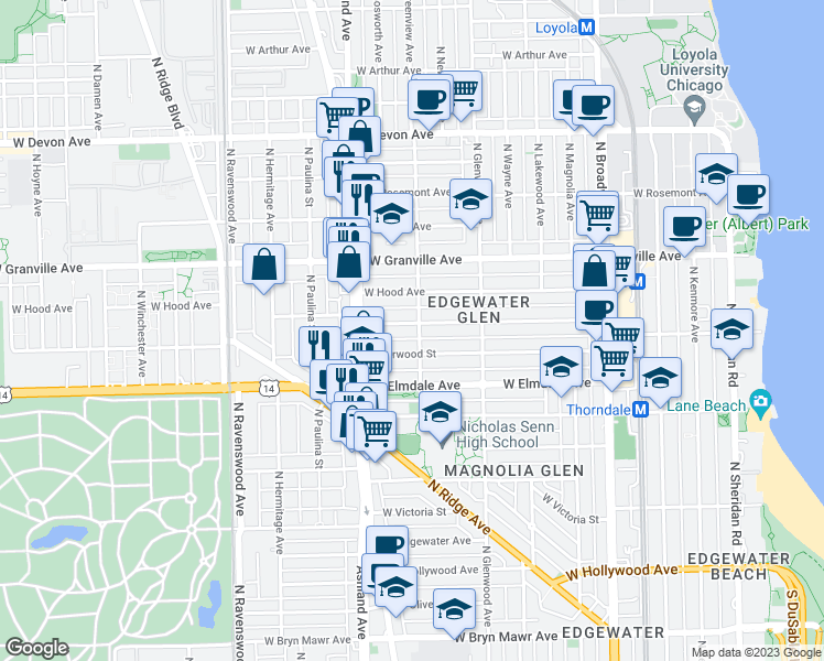 map of restaurants, bars, coffee shops, grocery stores, and more near 1505 West Glenlake Avenue in Chicago
