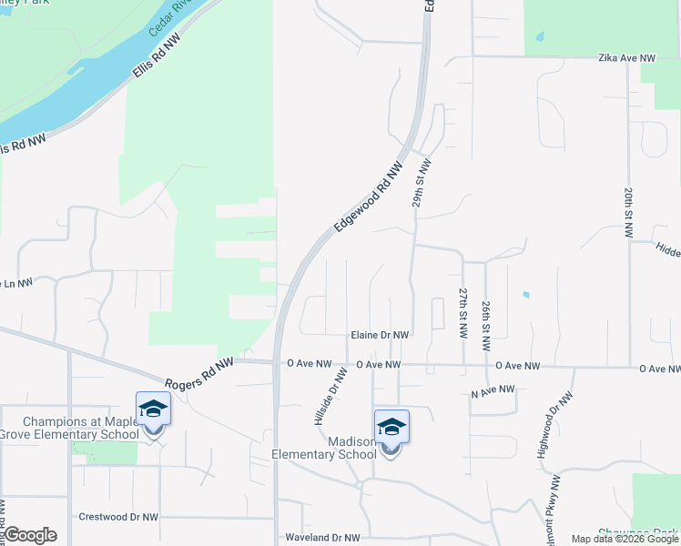 map of restaurants, bars, coffee shops, grocery stores, and more near 1730 Hillside Dr NW in Cedar Rapids