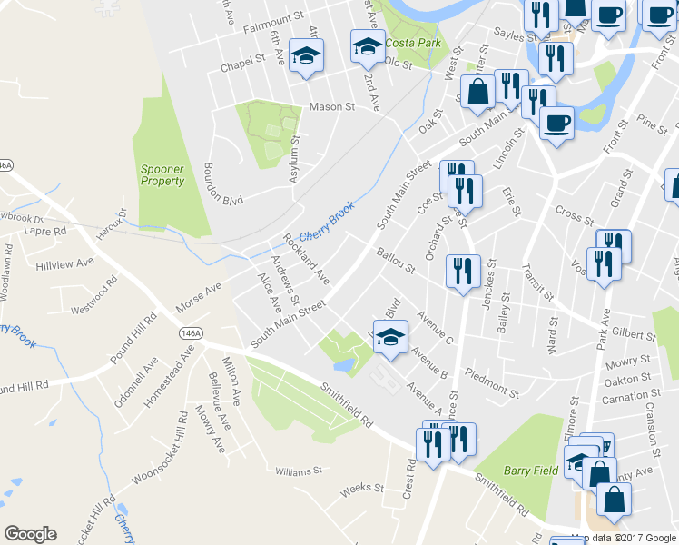 map of restaurants, bars, coffee shops, grocery stores, and more near 521 South Main Street in Woonsocket