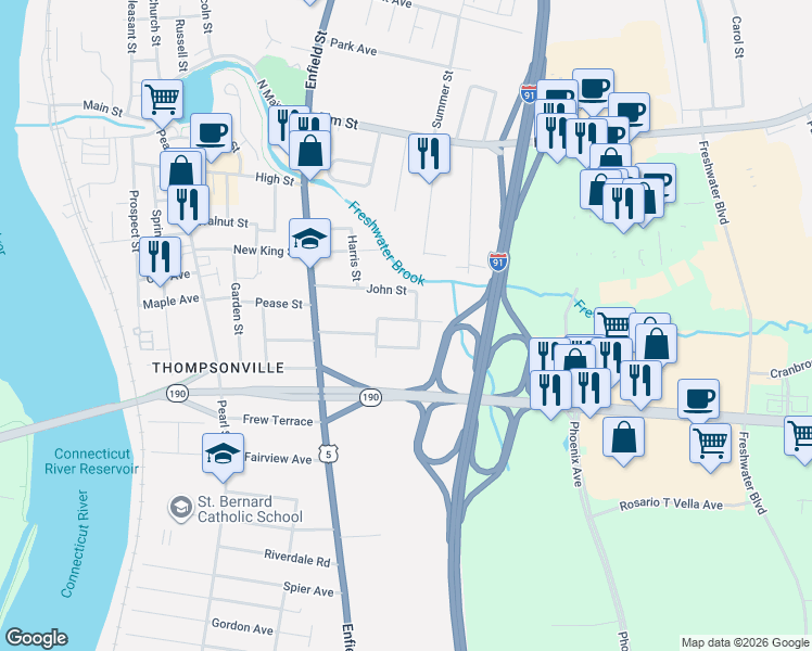 map of restaurants, bars, coffee shops, grocery stores, and more near 12 Claremont Avenue in Enfield
