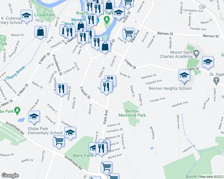 map of restaurants, bars, coffee shops, grocery stores, and more near 796 Park Avenue in Woonsocket