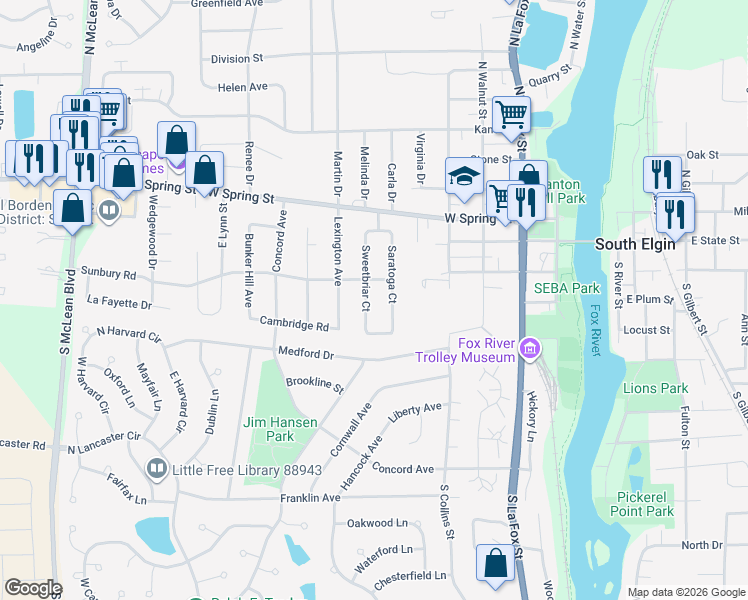 map of restaurants, bars, coffee shops, grocery stores, and more near 127 Sweetbriar Court in South Elgin