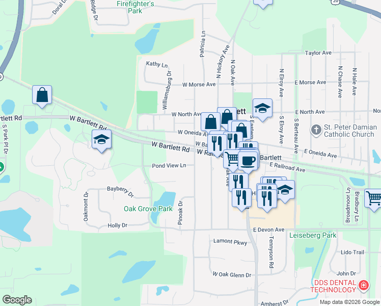 map of restaurants, bars, coffee shops, grocery stores, and more near 415 West Railroad Avenue in Bartlett