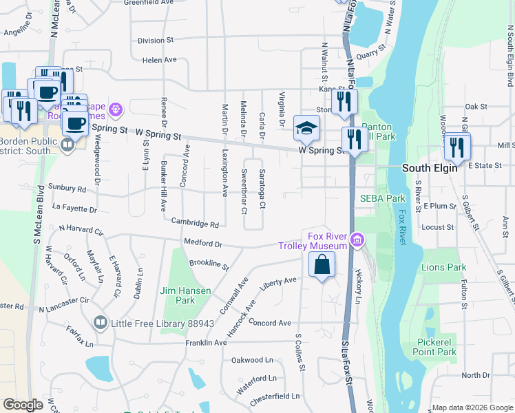 map of restaurants, bars, coffee shops, grocery stores, and more near 127 Sweetbriar Court in South Elgin