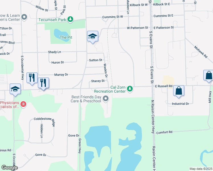 map of restaurants, bars, coffee shops, grocery stores, and more near 501 West Russell Road in Tecumseh