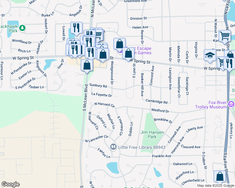 map of restaurants, bars, coffee shops, grocery stores, and more near 1072 La Fayette Drive in South Elgin