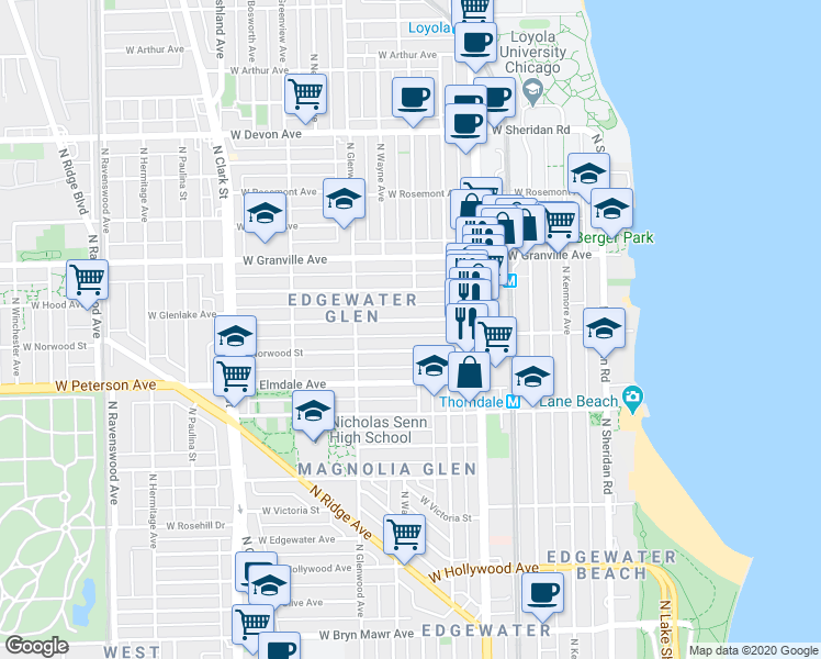 map of restaurants, bars, coffee shops, grocery stores, and more near 1303 West Glenlake Avenue in Chicago