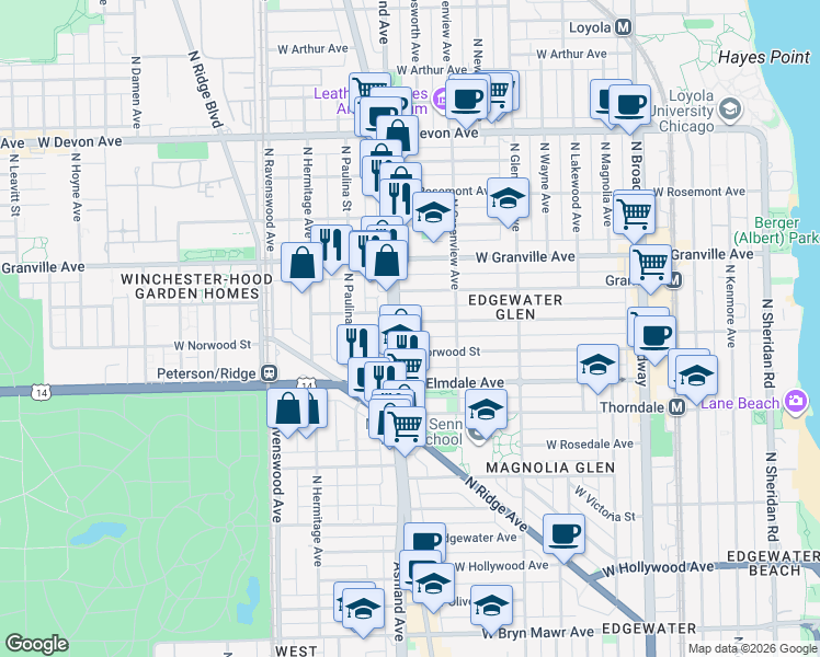 map of restaurants, bars, coffee shops, grocery stores, and more near 1535 West Glenlake Avenue in Chicago