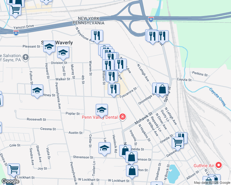 map of restaurants, bars, coffee shops, grocery stores, and more near 442 North Keystone Avenue in Sayre