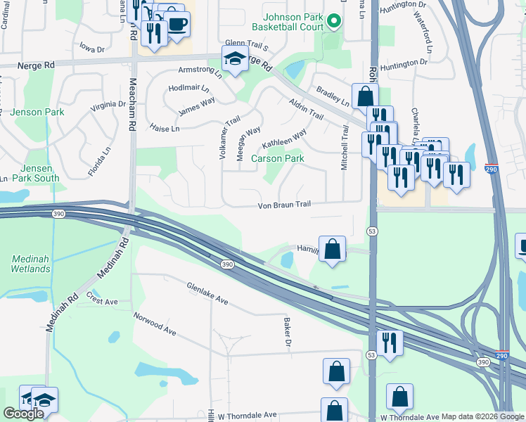 map of restaurants, bars, coffee shops, grocery stores, and more near 1635 Von Braun Trail in Elk Grove Village
