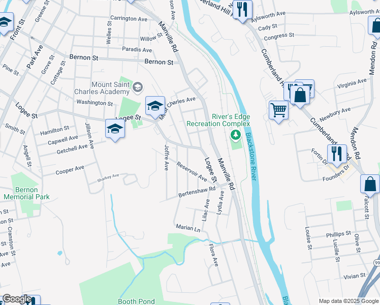map of restaurants, bars, coffee shops, grocery stores, and more near 24 Glendale Avenue in Woonsocket