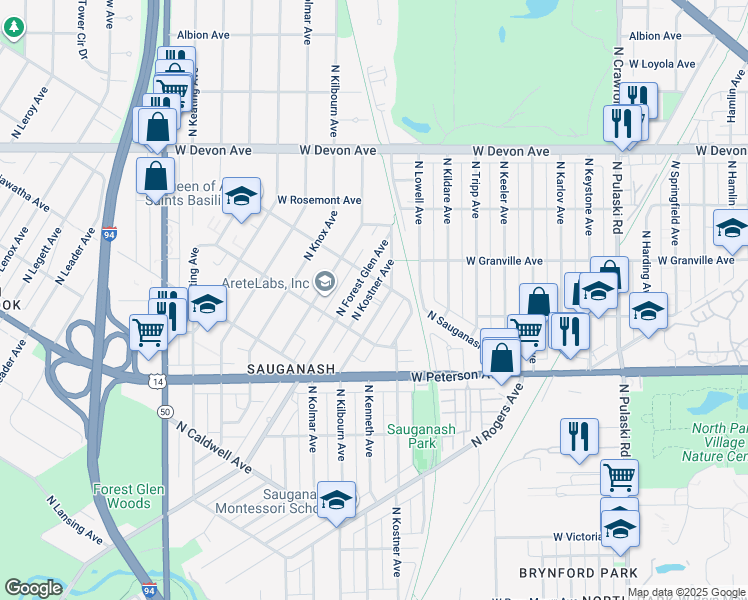 map of restaurants, bars, coffee shops, grocery stores, and more near 6140 North Kilbourn Avenue in Chicago