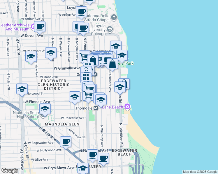 map of restaurants, bars, coffee shops, grocery stores, and more near 6106 North Kenmore Avenue in Chicago