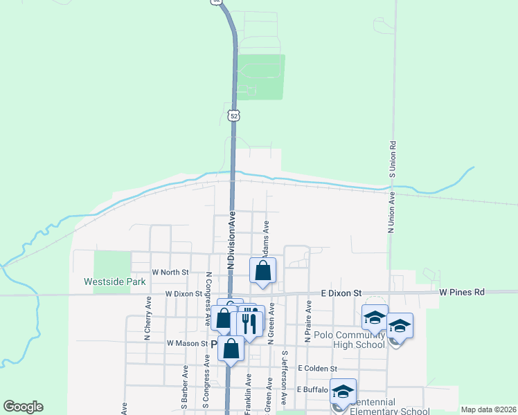 map of restaurants, bars, coffee shops, grocery stores, and more near 102 East Elkhorn Street in Polo