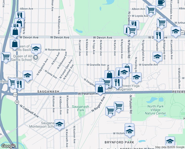 map of restaurants, bars, coffee shops, grocery stores, and more near 6114 North Tripp Avenue in Chicago