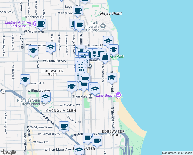 map of restaurants, bars, coffee shops, grocery stores, and more near 6102 North Winthrop Avenue in Chicago