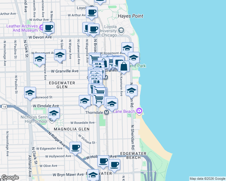 map of restaurants, bars, coffee shops, grocery stores, and more near 6102 North Winthrop Avenue in Chicago