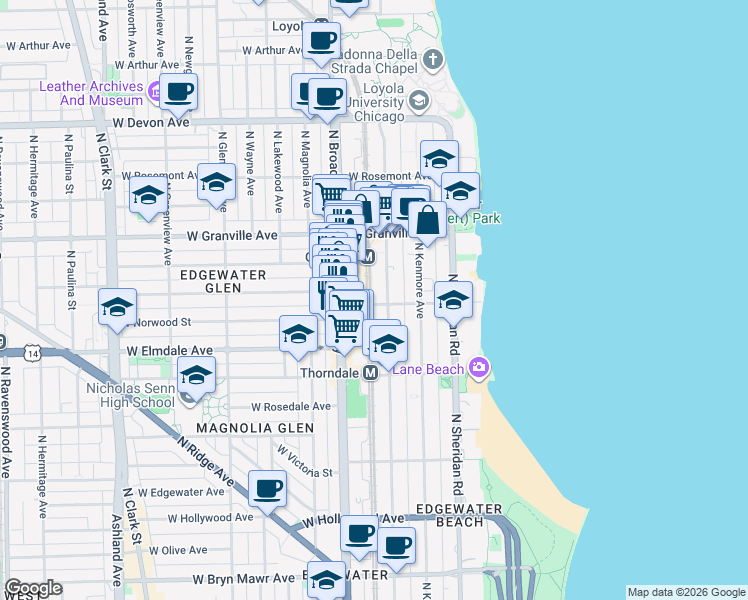 map of restaurants, bars, coffee shops, grocery stores, and more near 6102 North Winthrop Avenue in Chicago