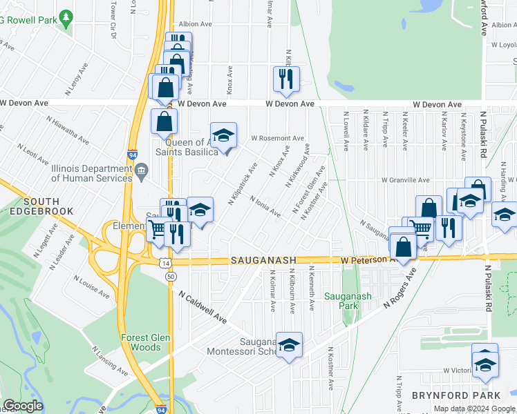 map of restaurants, bars, coffee shops, grocery stores, and more near 6157 North Knox Avenue in Chicago