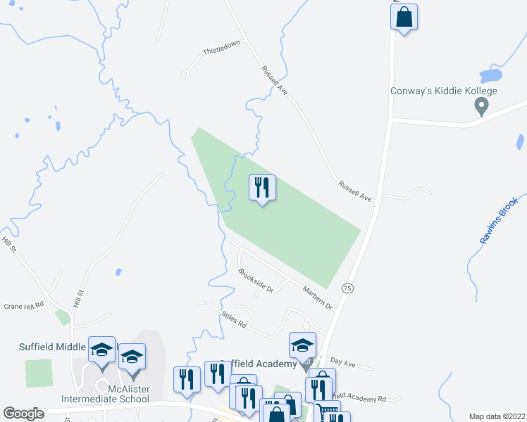 map of restaurants, bars, coffee shops, grocery stores, and more near 341 North Main Street in Suffield