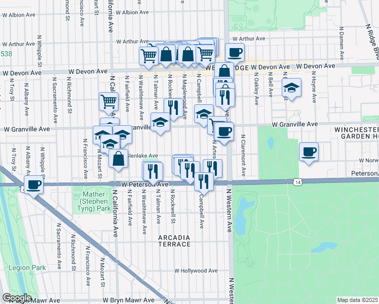 map of restaurants, bars, coffee shops, grocery stores, and more near 6105 North Maplewood Avenue in Chicago