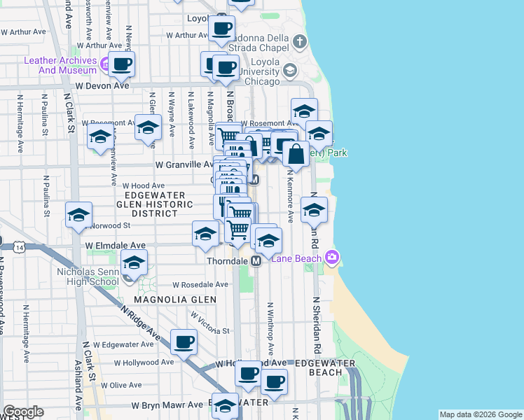 map of restaurants, bars, coffee shops, grocery stores, and more near 1100 West Glenlake Avenue in Chicago