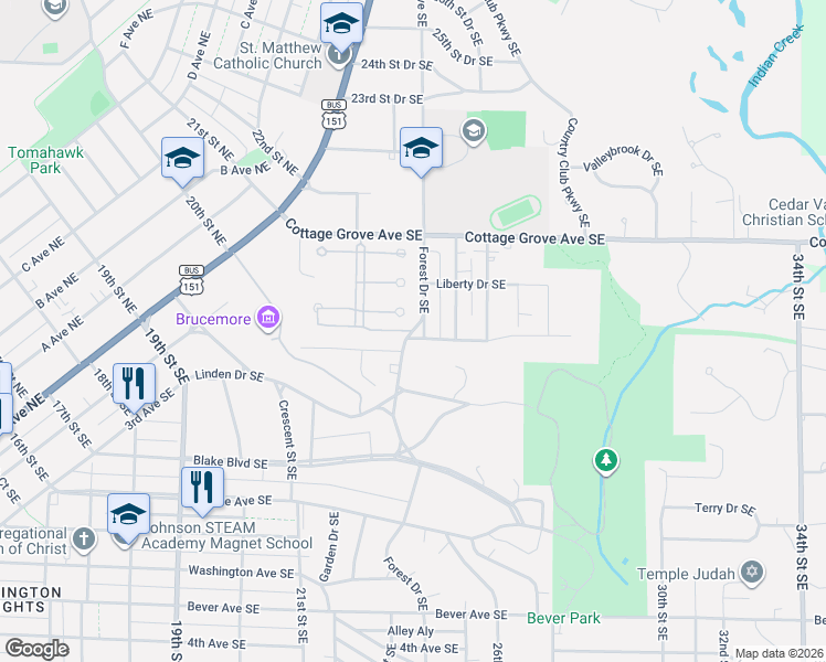 map of restaurants, bars, coffee shops, grocery stores, and more near 2001 Forest Drive Southeast in Cedar Rapids