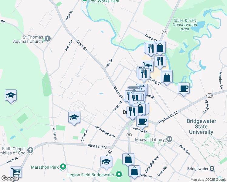 map of restaurants, bars, coffee shops, grocery stores, and more near 120 Main Street in Bridgewater