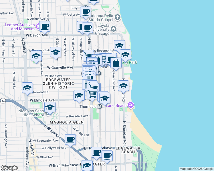 map of restaurants, bars, coffee shops, grocery stores, and more near 1062 West Glenlake Avenue in Chicago