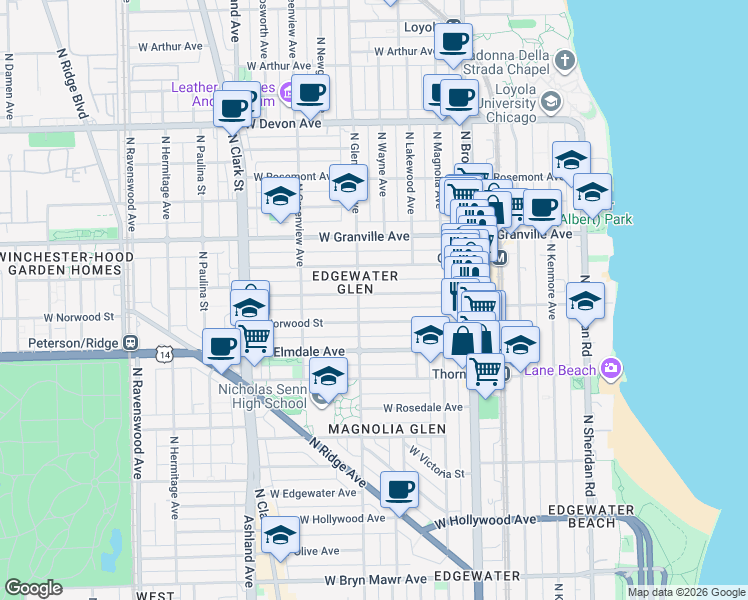 map of restaurants, bars, coffee shops, grocery stores, and more near 1341 West Glenlake Avenue in Chicago