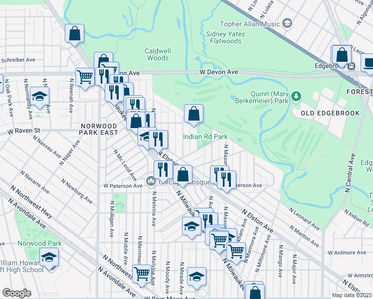 map of restaurants, bars, coffee shops, grocery stores, and more near 6117 North Meade Avenue in Chicago