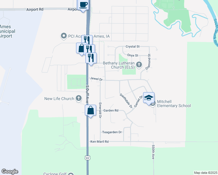 map of restaurants, bars, coffee shops, grocery stores, and more near 3316 Opal Drive in Ames