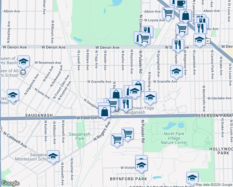 map of restaurants, bars, coffee shops, grocery stores, and more near 6117 North Kedvale Avenue in Chicago