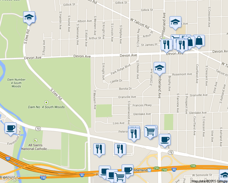 map of restaurants, bars, coffee shops, grocery stores, and more near 1313 Bonita Drive in Park Ridge