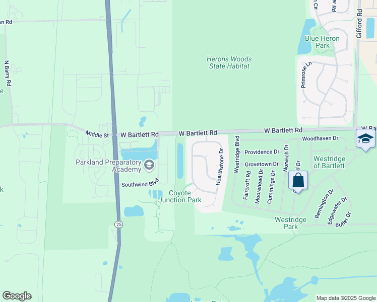 map of restaurants, bars, coffee shops, grocery stores, and more near 130 Fieldcrest Drive in Bartlett