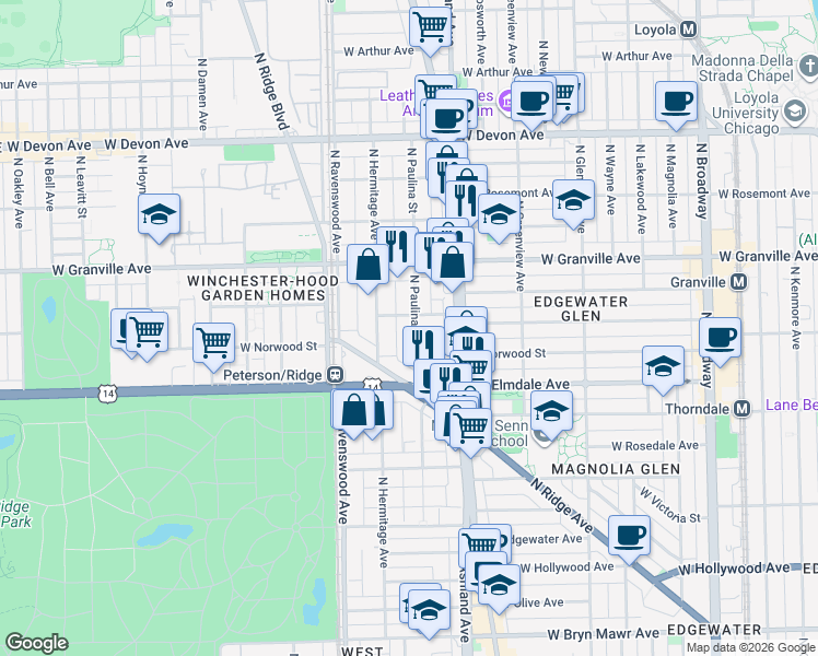 map of restaurants, bars, coffee shops, grocery stores, and more near 6060 North Paulina Street in Chicago