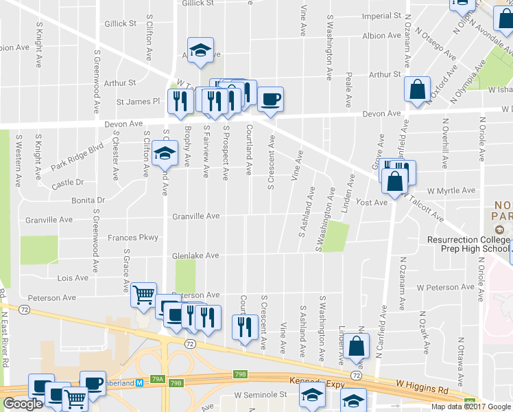 map of restaurants, bars, coffee shops, grocery stores, and more near 1429 Courtland Avenue in Park Ridge