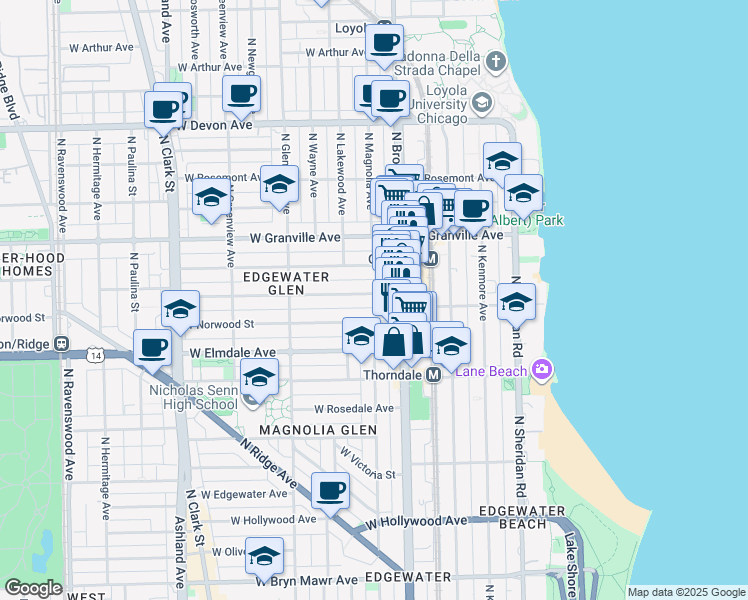 map of restaurants, bars, coffee shops, grocery stores, and more near 1229 West Glenlake Avenue in Chicago