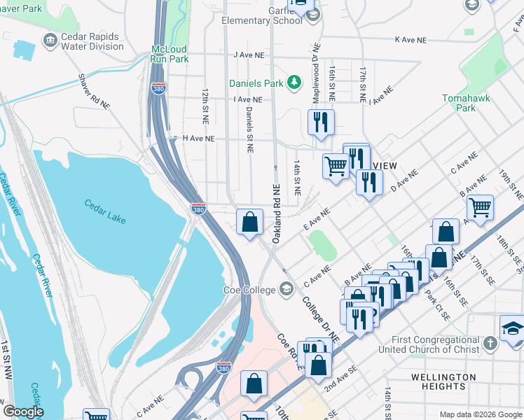 map of restaurants, bars, coffee shops, grocery stores, and more near 1349 G Avenue Northeast in Cedar Rapids