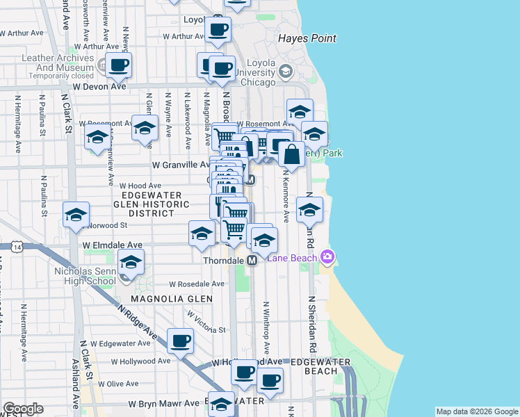 map of restaurants, bars, coffee shops, grocery stores, and more near 6102 North Winthrop Avenue in Chicago