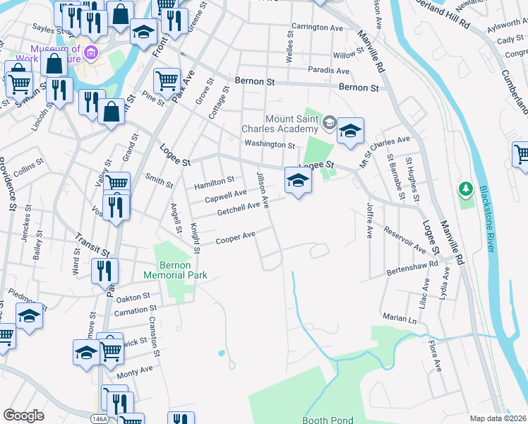 map of restaurants, bars, coffee shops, grocery stores, and more near 199 Getchell Avenue in Woonsocket