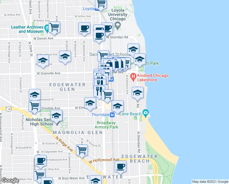 map of restaurants, bars, coffee shops, grocery stores, and more near 6102 North Winthrop Avenue in Chicago