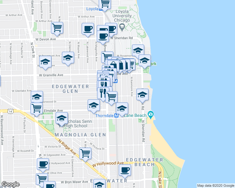 map of restaurants, bars, coffee shops, grocery stores, and more near 6102 North Winthrop Avenue in Chicago