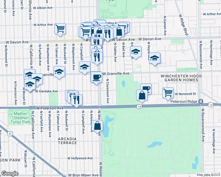 map of restaurants, bars, coffee shops, grocery stores, and more near 6105 North Claremont Avenue in Chicago