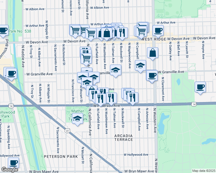 map of restaurants, bars, coffee shops, grocery stores, and more near 6108 North Talman Avenue in Chicago