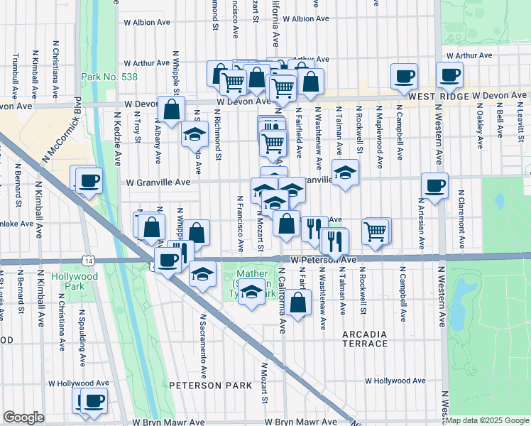 map of restaurants, bars, coffee shops, grocery stores, and more near 6107 North Mozart Street in Chicago