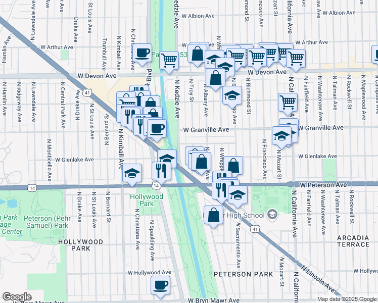map of restaurants, bars, coffee shops, grocery stores, and more near 6074 North Troy Street in Chicago
